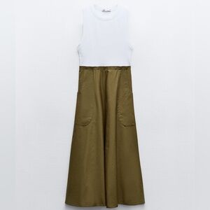 Round neck sleeveless midi dress, Front patch pockets.